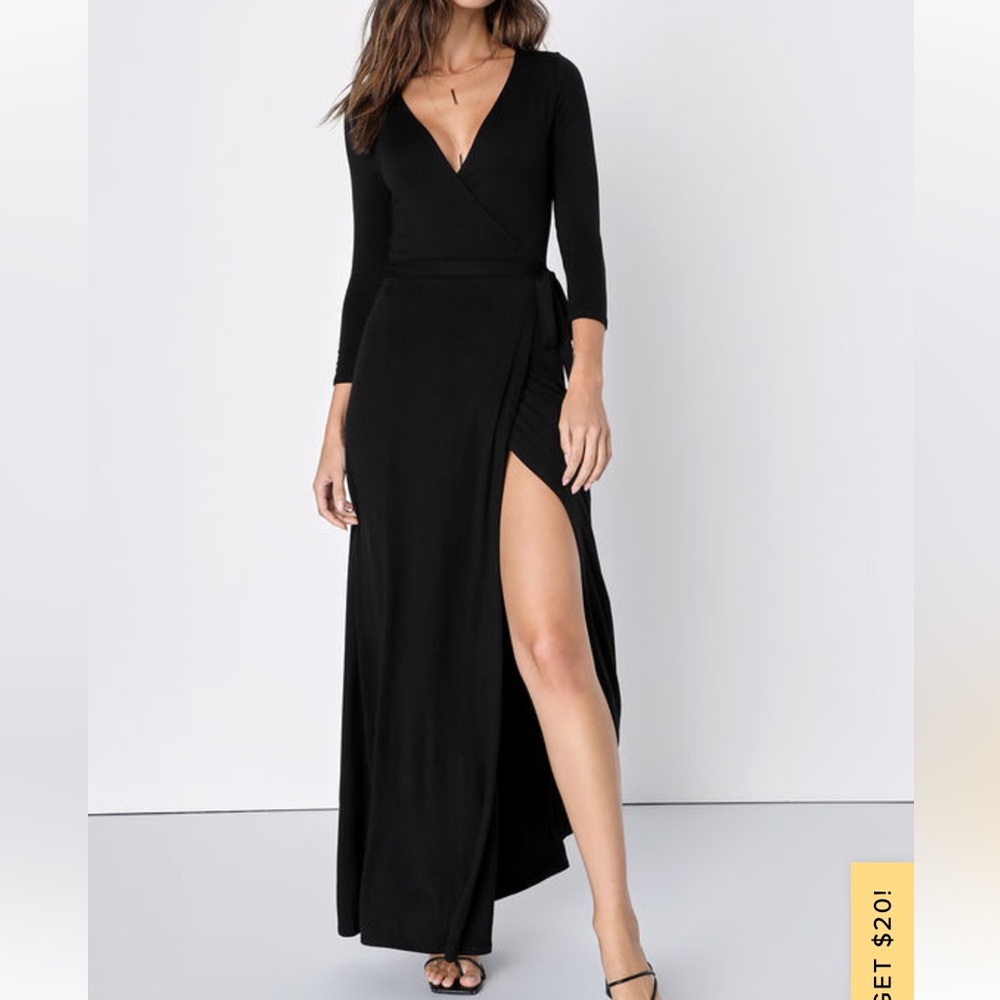 Garden District Black Three-Quarter Sleeve Wrap Maxi Dress